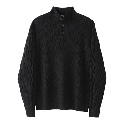 LUUD 雅痞通勤感黑色绞花肌理提花针织衫男秋冬老钱风半高领毛衣