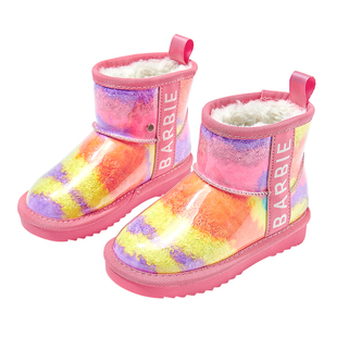 芭比童鞋女童靴子2025新款冬季公主加绒保暖防水大棉靴儿童雪地靴