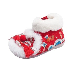 新款女童汉服鞋冬季加绒儿童绣花鞋红色虎头鞋国风宝宝棉鞋中童靴