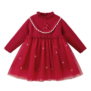 [保暖加厚]儿童裙子秋冬女童中大童毛衣裙公主女孩红色连衣裙冬装