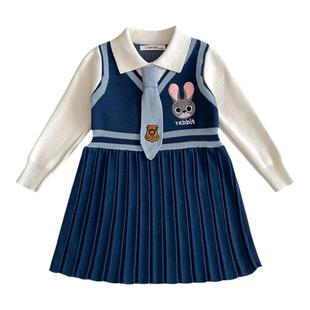 朱迪警官兔2025春秋新款女童卡通学院风连衣裙针织儿童百褶毛衣裙