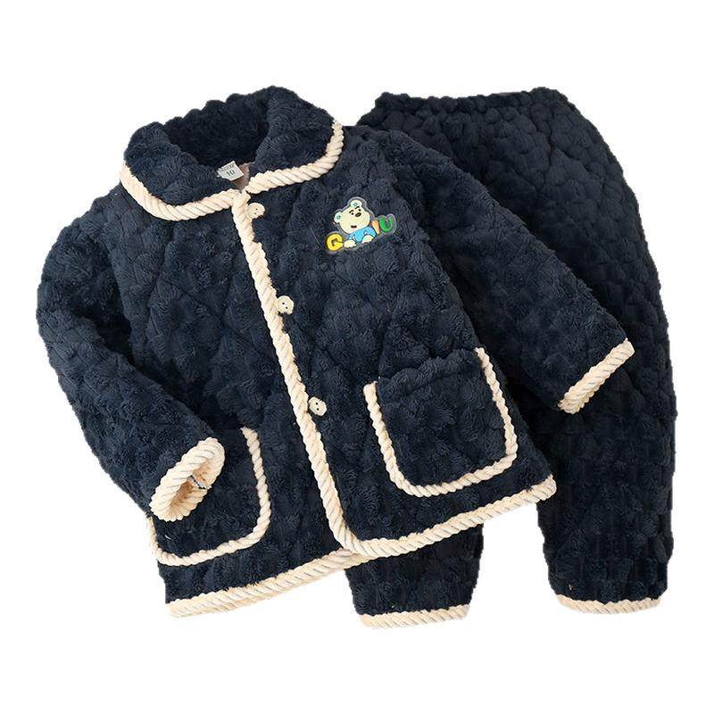 冬季儿童法兰绒睡衣套装女童三层夹棉加厚珊瑚加绒男童宝宝家居服