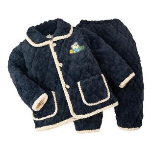 冬季儿童法兰绒睡衣套装女童三层夹棉加厚珊瑚加绒男童宝宝家居服