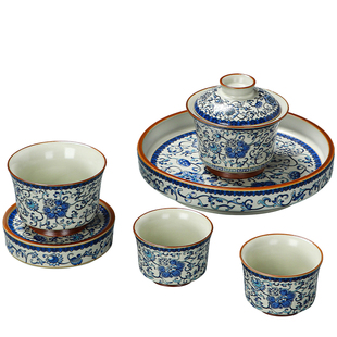 米黄汝窑缠枝莲可悬停旋转盖碗茶杯套装不烫手功夫茶具陶瓷泡茶碗