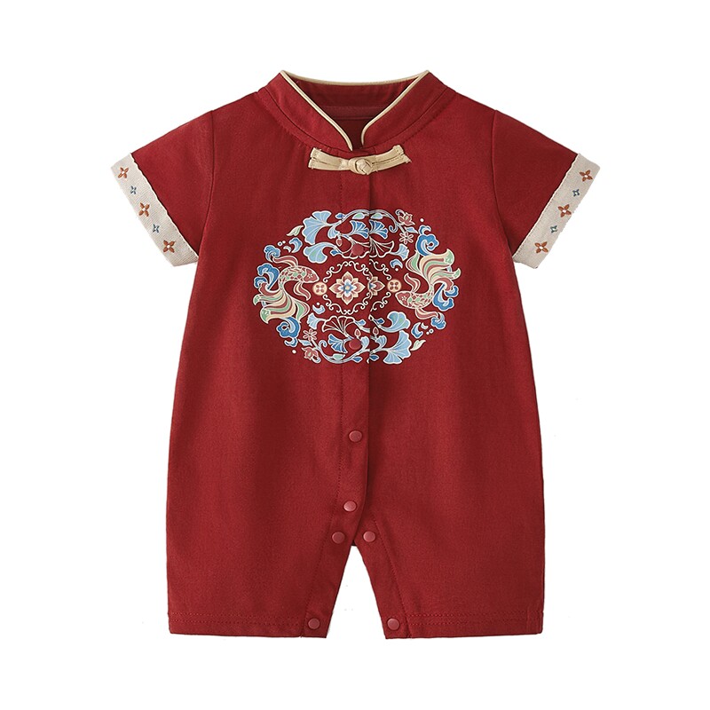 jellybaby女童连身衣夏季中国风红色新生幼儿衣服薄款宝宝爬服夏