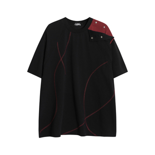 BLUREMO/模糊情绪2026春季新款独特设计撞色线条纽扣宽松短袖T恤