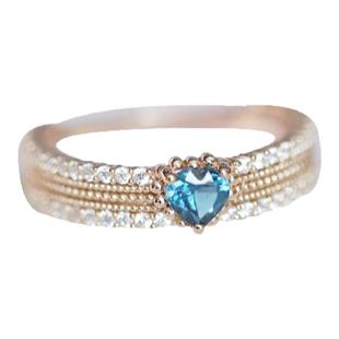 湛蓝心曲 巨美浓郁天然伦敦蓝托帕石爱心S925纯银镀金戒指女礼物