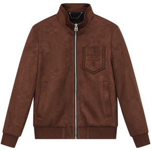 ZOUK欧货潮牌男装高端夹克外套男麂皮烧花格暗纹立领男士秋装上衣