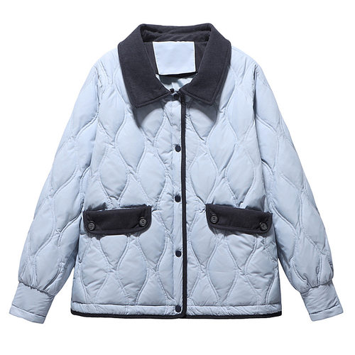 宛宛大码女装微胖mm90白鸭绒翻领夹克外套菱格宽松显瘦保暖羽绒服