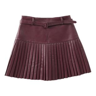 辣妹帅气十足 绵羊皮真皮高腰a字百褶裙皮裙短裙伞裙半身裙新款