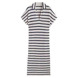 西班牙单连身裙2025夏季休闲透气条纹针织POLO衫领短袖连衣裙女装