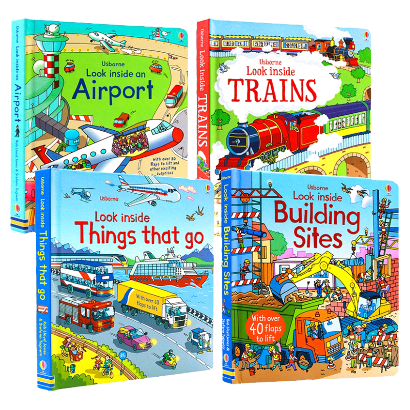 Usborne Look Inside系列翻翻书交通工具篇3册交通工具飞机场小汽车 英文原版绘本Building sites Airport cars科普百科纸板翻翻书