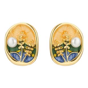 复古油画感麦穗耳环中古文艺高级感耳钉珍珠田园无耳洞蚊香盘耳夹