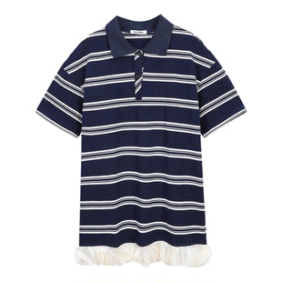 蓝白条纹Polo领短袖T恤裙女2026夏季韩系减龄网纱花边拼接连衣裙