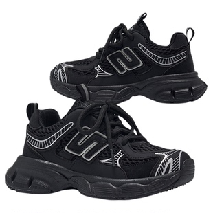 百丽童鞋儿童运动鞋秋季黑色户外登山暴走老爹鞋男女童透气跑步鞋