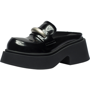 CDF女鞋2025夏季新款百搭真皮厚底穆勒拖鞋一脚蹬粗跟简约乐福鞋