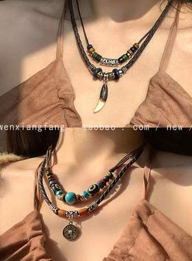新中式异域民族风编绳项链长款抽绳小众设计感锁骨链复古狼牙吊坠