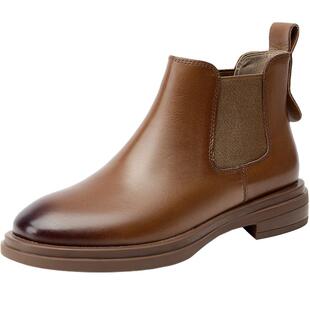 BEAU圆头棕色切尔西靴粗跟松紧口短靴女加绒中跟英伦风靴子黑色