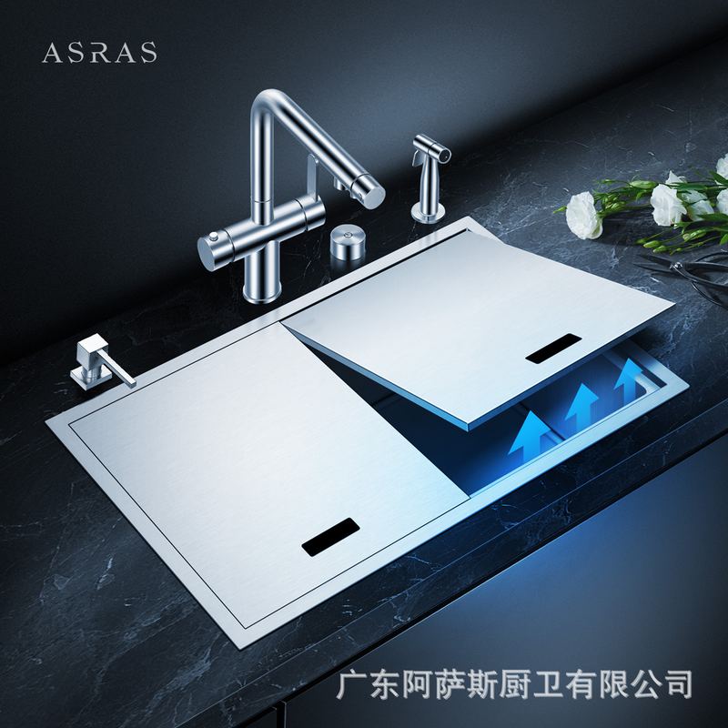 阿萨斯厨房手工水槽304不锈钢洗菜盆洗碗池单槽套餐隐藏式带盖板