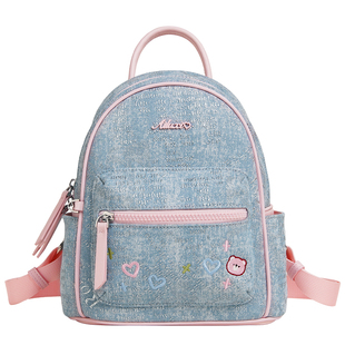 爱路喜双肩包女小众原创设计丹宁蓝色牛仔刺绣小熊女大学生小背包