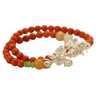 《绝艳》九九倾城原创/海棠花银手镯/天然南红串珠新中式转运珠女