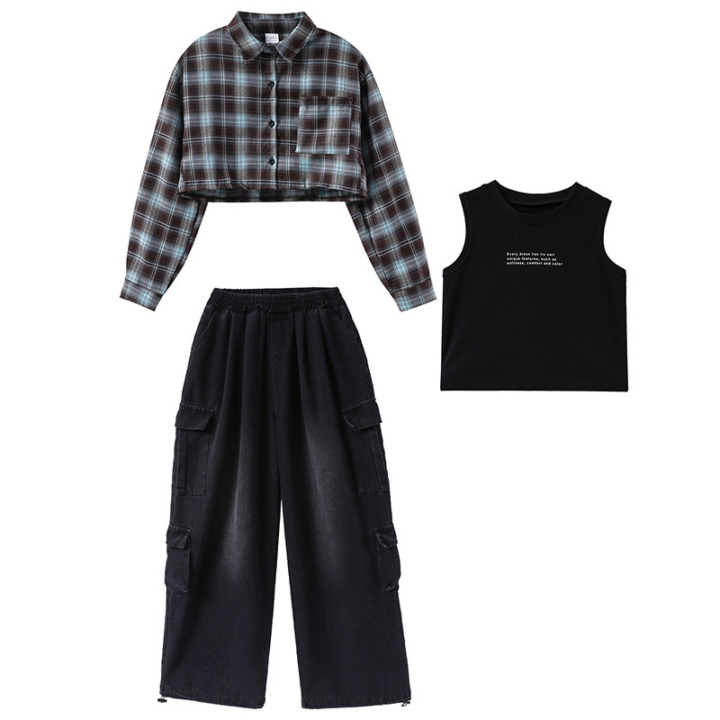 女童爵士舞演出服少儿女团酷帅露脐格子衬衫潮服hiphop街舞套装秋