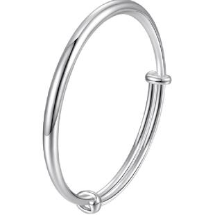 梦金园银手镯女光面素圈推拉年轻银镯子调节款生日礼物正品银饰