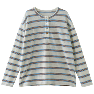 女大童慵懒条纹长袖2026春装新款青少年半开扣宽松T恤亲子薄罩衫