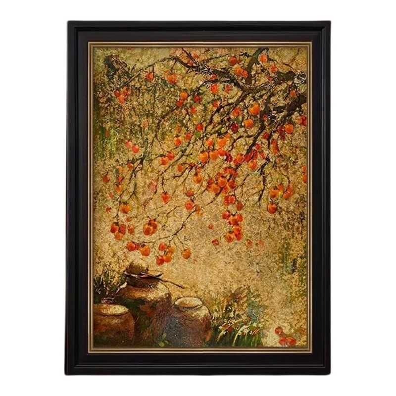 纯手绘万柿如意油画中古风高级感现代装饰画