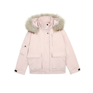 pusumede 柏林粉雾 粉色工装派克羽绒服女毛领连帽白鸭绒保暖外套