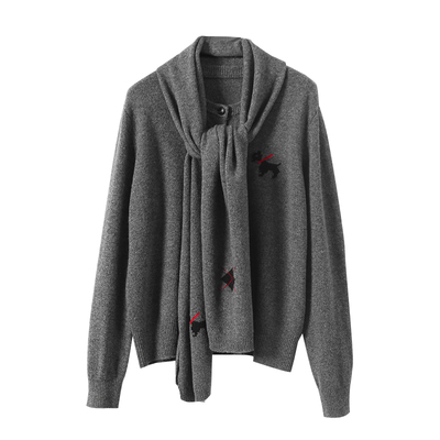 淘么淘 衣品担当！纯羊毛小狗刺绣圆领单排扣针织开衫毛衣女+围巾