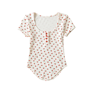 YoungGirlDay纯欲甜妹风U领修身显瘦褶皱收腰樱桃印花短袖T恤上衣