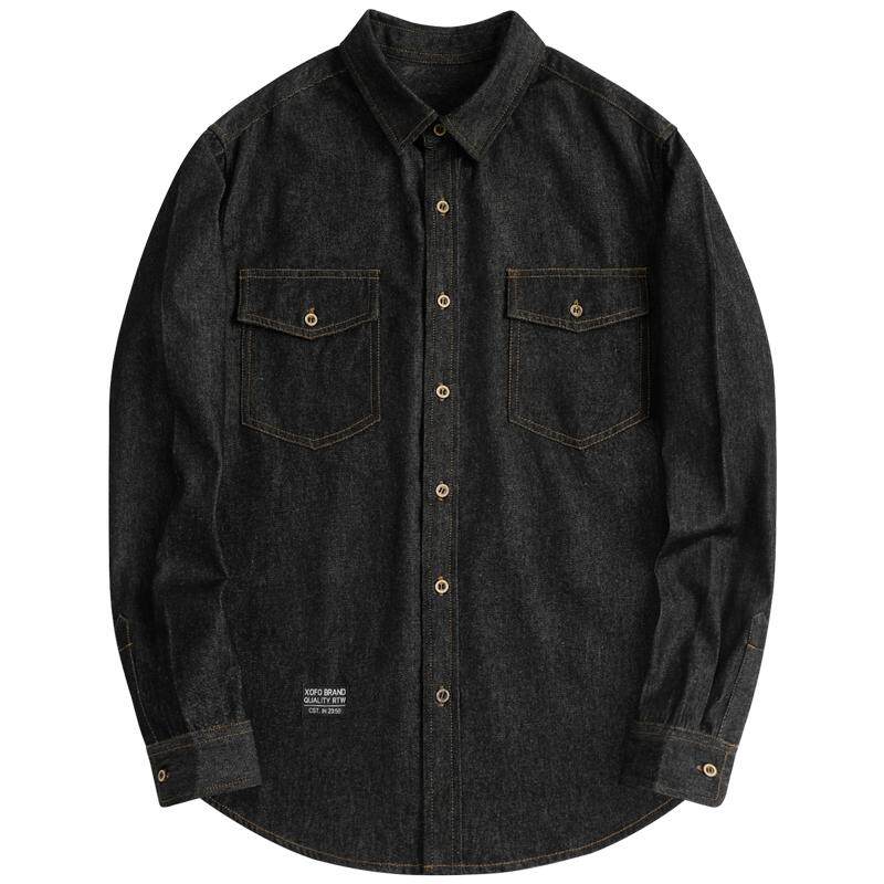 经典春秋季黑色牛仔长袖衬衫男美式复古宽松休闲男士百搭外套衬衣