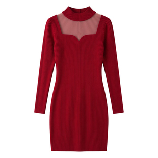 春装女款2026年新款针织连衣裙女秋冬半高领网纱拼接小个子包臀裙