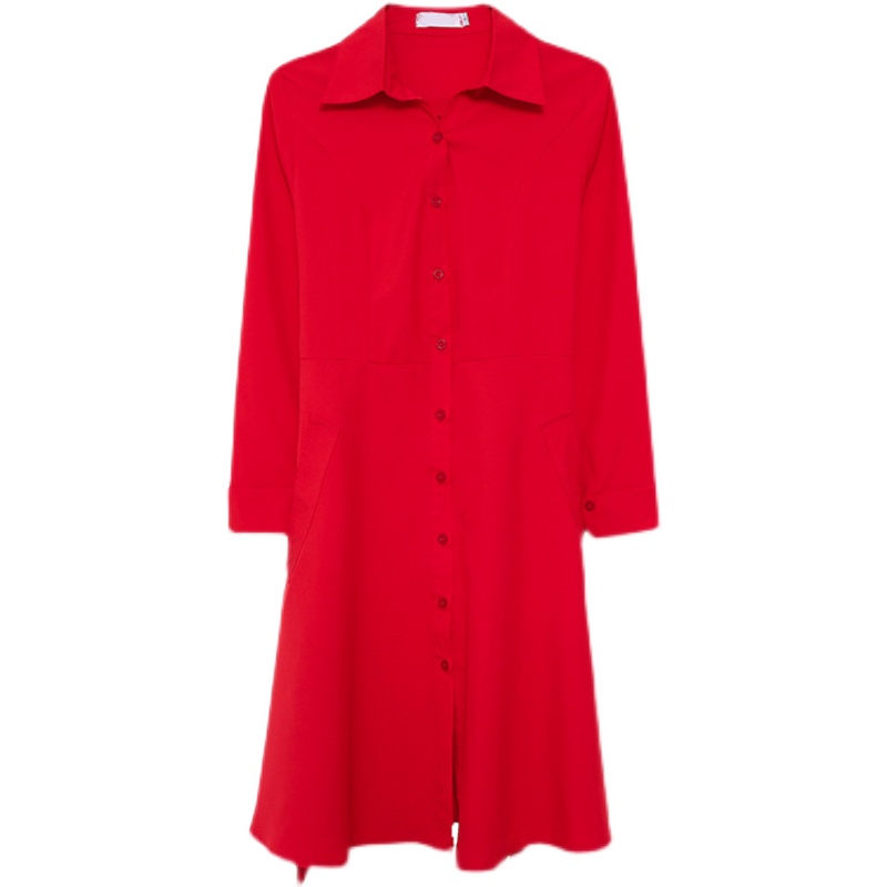 连衣裙2024爆款新款夏中长款女装中国红风衣系腰带有口袋的衬衫裙