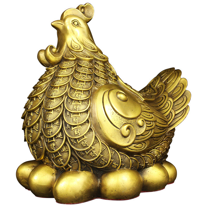 金鸡下蛋摆件纯黄铜公母一对中式