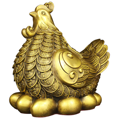 金鸡下蛋摆件纯黄铜公母一对中式