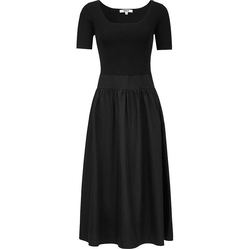 ONLY2025夏季新款优雅气质圆领显瘦修身纯色拼接中长款连衣裙女