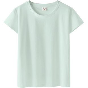 高品质纯棉t恤女浅淡抹茶绿色小圆领短袖体恤夏季弹力上衣打底衫
