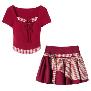 织物猪 叛逆软糖 甜酷风红色假两件上衣套装女夏季格子显瘦短裙子