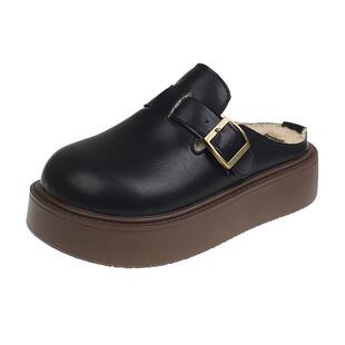 厚底包头半拖鞋女款2025秋冬新款一脚蹬穆勒鞋加绒棉拖懒人小皮鞋