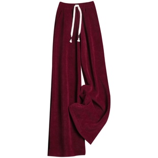 巨显腿长加绒裤子女秋冬酒红色百搭阔腿裤女高腰宽松直筒休闲裤女