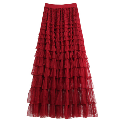 绝美高级！酒红色网纱蛋糕半身裙