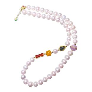 新中式大颗粒款珍珠多宝项链配蜜蜡玛瑙翡翠紫锂辉多宝925银长款