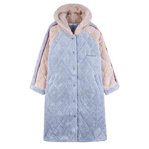 睡袍女冬加绒加厚三层夹棉珊瑚绒连帽睡衣法兰绒冬季家居服加长款