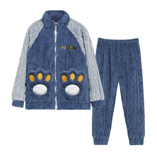 儿童法兰绒睡衣秋冬加厚男童中大童男孩珊瑚绒新款恐龙套装家居服