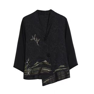 新中式国风盘扣香云纱衬衫女夏季新款妈妈不规则短款刺绣国风上衣