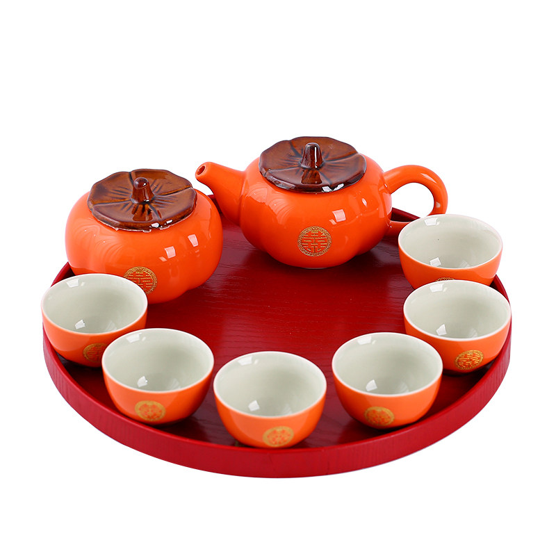 柿柿如意茶具套装一壶六杯茶叶罐红色功夫茶具结婚礼陪嫁中式茶具