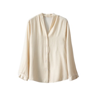 一丝牵 桑蚕丝真丝丝绒衬衫优雅气质V领衬衣显瘦长袖上衣女2026春