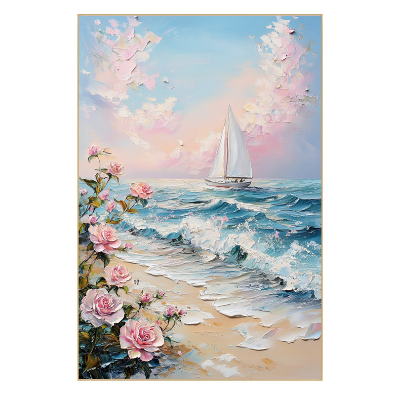 一帆风顺手绘油画玄关帆船装饰画